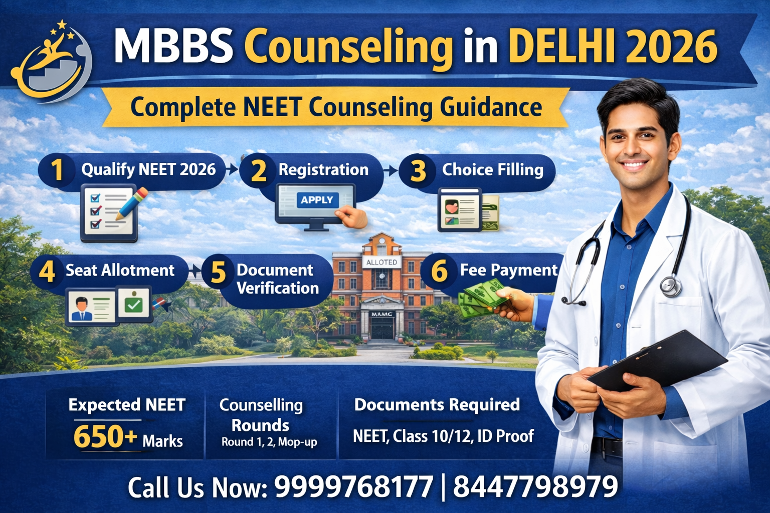 MBBS counseling process for Delhi 2026 showing step by step admission guide including NEET qualification registration choice filling seat allotment document verification and admission procedure.