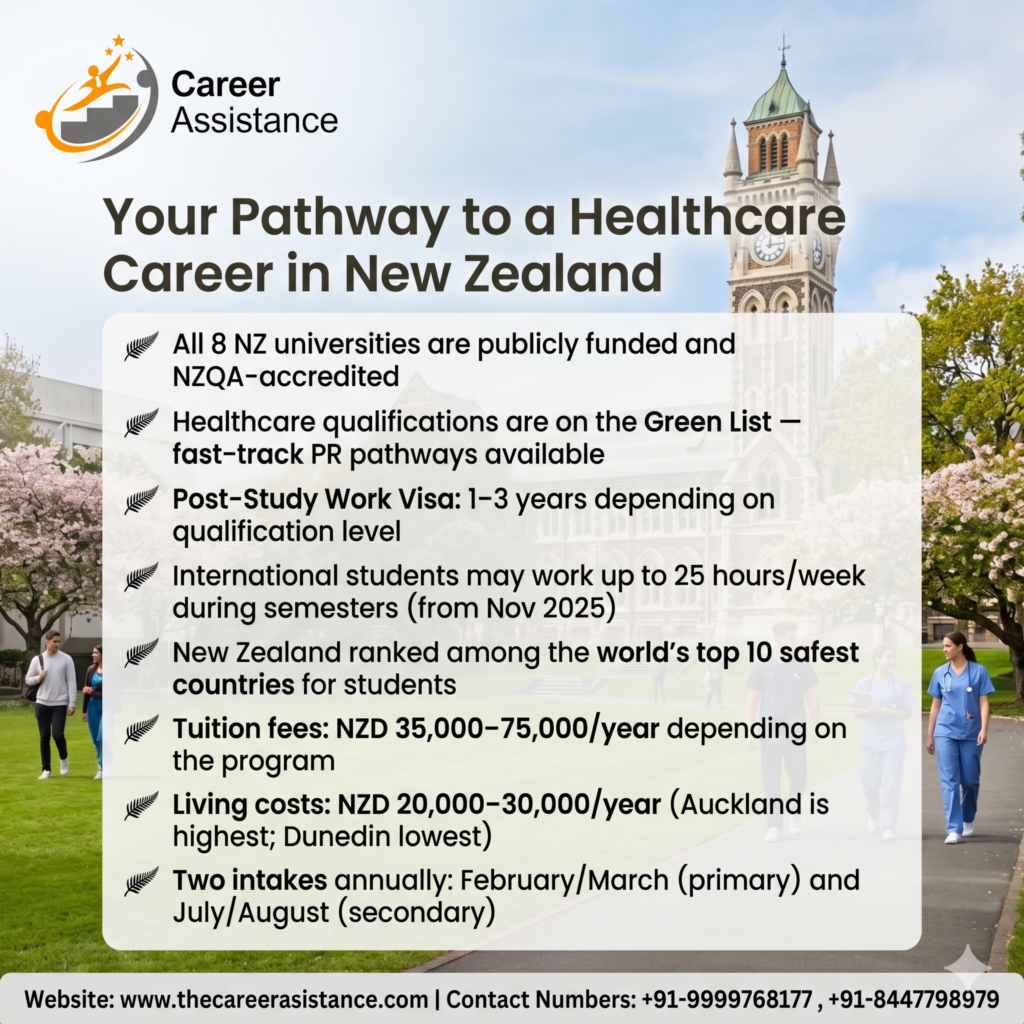 Pathway to healthcare career in New Zealand for Indian students infographic - The Career Assistance.