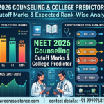 NEET 2026 Counseling and College Predictor Infographic by Career Assistance showing expected cutoff marks for General, OBC, SC, ST categories and rank-wise college predictions for AIIMS, and other top colleges.