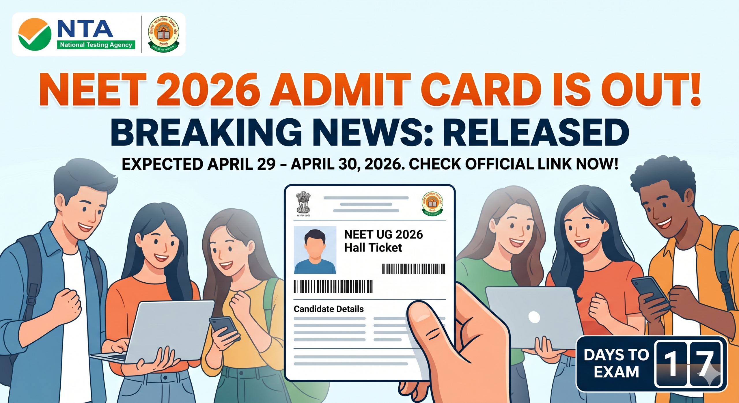 NEET 2026 Admit Card official release news banner showing students checking hall tickets on laptops with The Career Assistance counseling help.