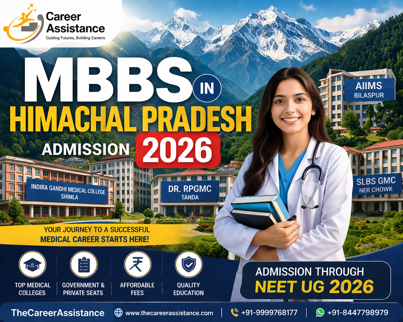 Himachal Pradesh MBBS Admission 2026 banner showing medical colleges like IGMC Shimla, RPGMC Tanda, AIIMS Bilaspur with NEET UG counseling details