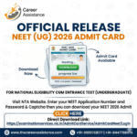 Official NTA NEET UG 2026 Admit Card Release Announcement by TheCareerAssistance with direct download link details.