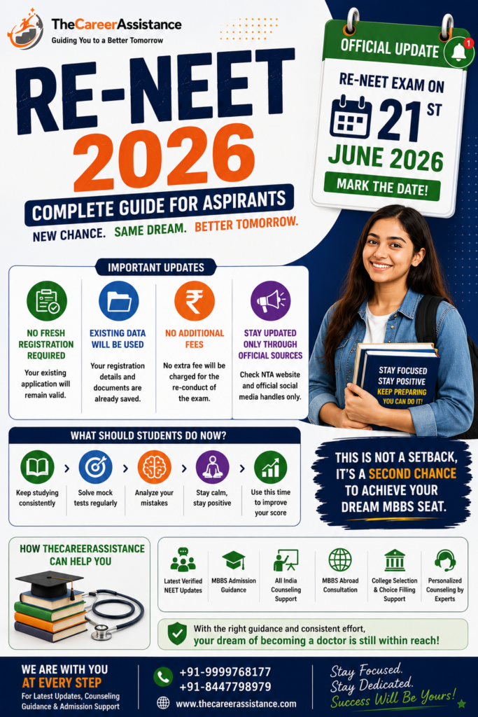 l RE-NEET 2026 infographic featuring exam updates, counseling guidance, preparation tips, MBBS admission support, and official re-exam information for medical aspirants.