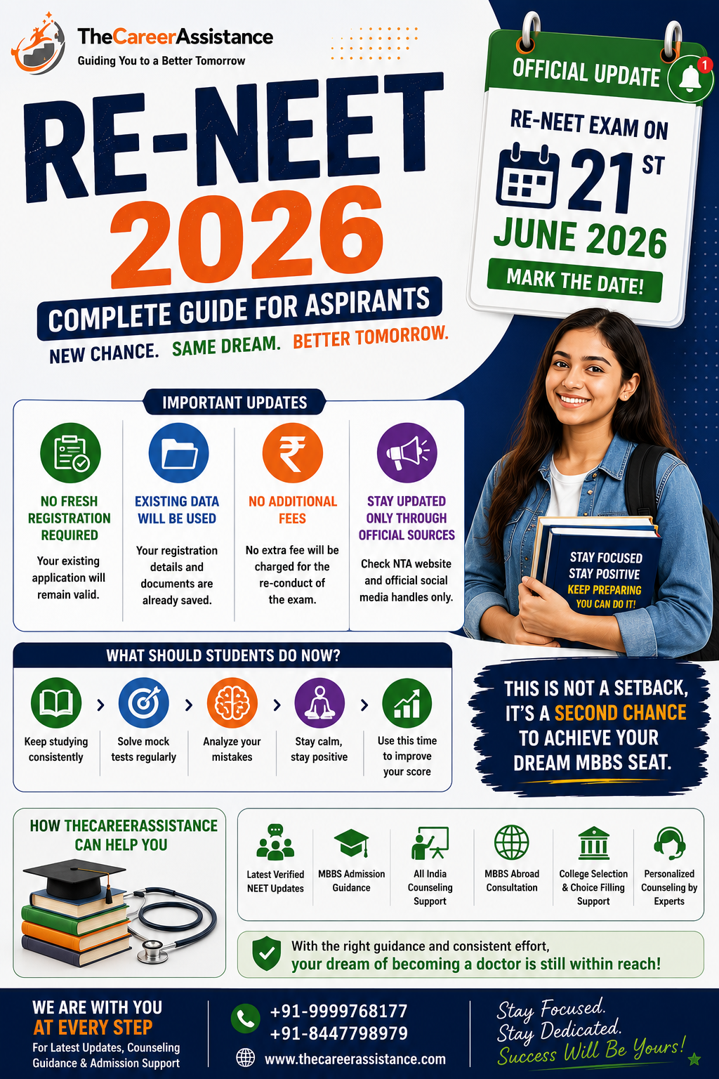 l RE-NEET 2026 infographic featuring exam updates, counseling guidance, preparation tips, MBBS admission support, and official re-exam information for medical aspirants.