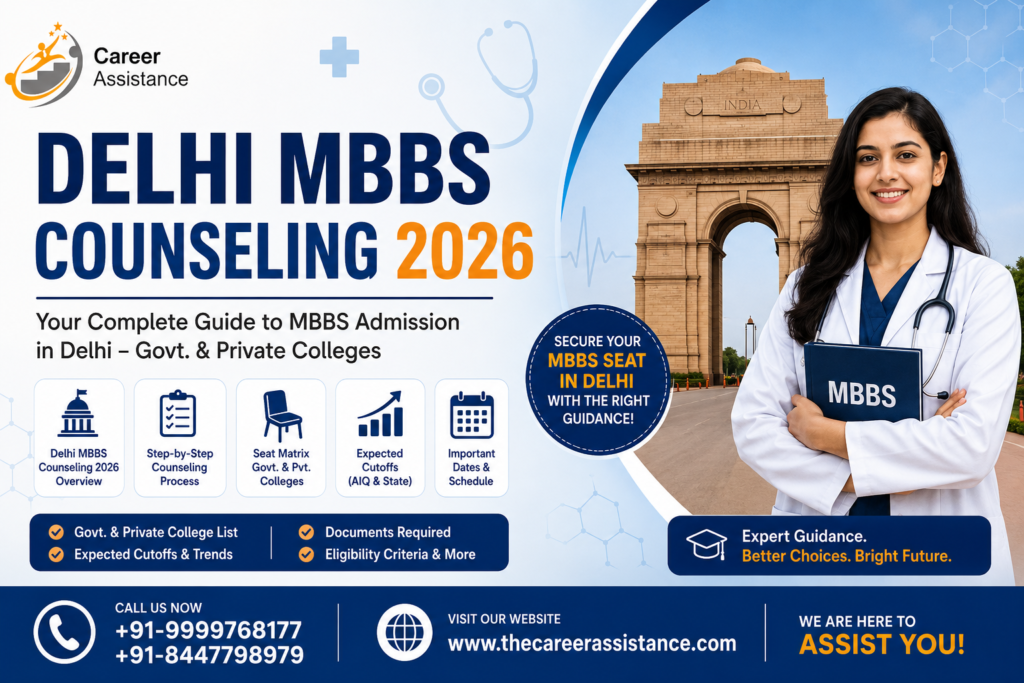 Delhi MBBS Counseling 2026 complete guide banner featuring Medical student, seat matrix, college cutoffs, counseling process, and Thecareerassistance guidance services.
