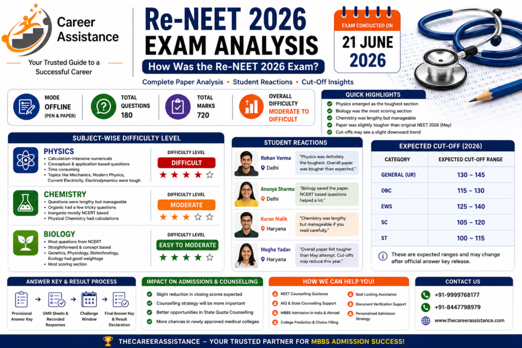 Re-NEET 2026 Exam Analysis infographic showing subject-wise difficulty levels, student reactions from Delhi and Haryana, expected cut-off ranges, and MBBS counselling guidance by TheCareerAssistance.