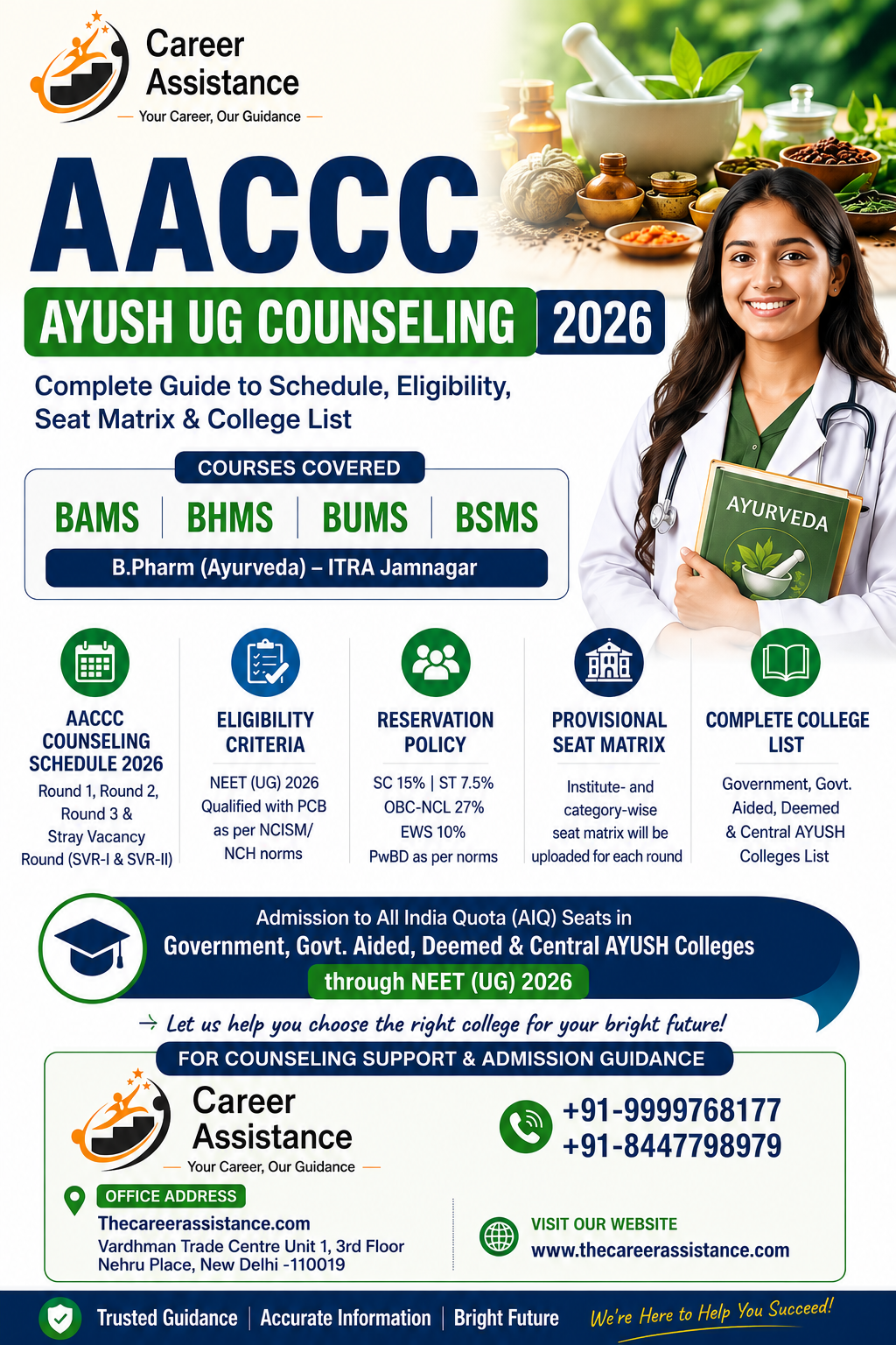 AACCC AYUSH UG Counseling 2026 complete guide covering BAMS, BHMS, BUMS, BSMS, B.Pharm Ayurveda, eligibility, reservation policy, seat matrix, counseling schedule and college list by TheCareerAssistance.